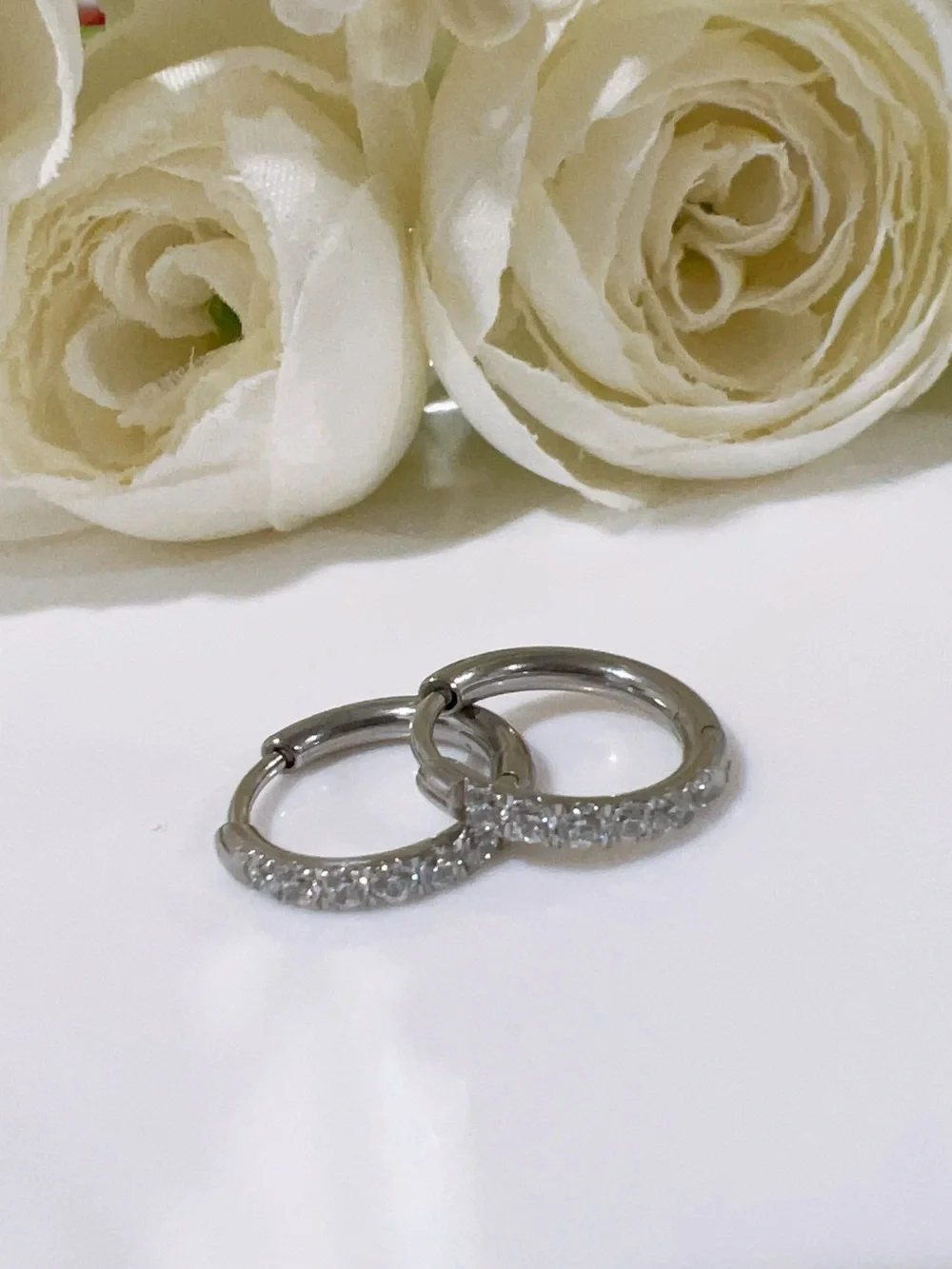 White Gold Plated Huggie Hoop Earrings with CZ stones 10mm